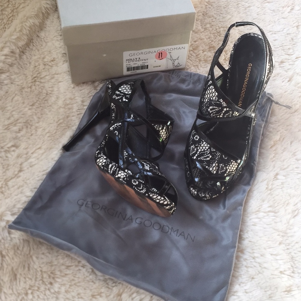 Georgina Goodman lace patent peep toe black heels